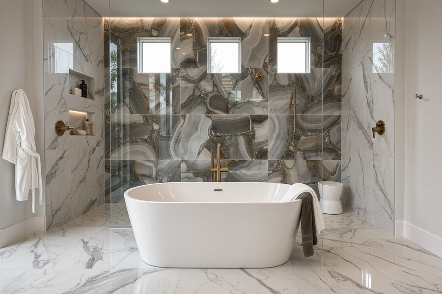 Bathroom with marble-look walls, an agate-pattern feature wall and a freestanding tub